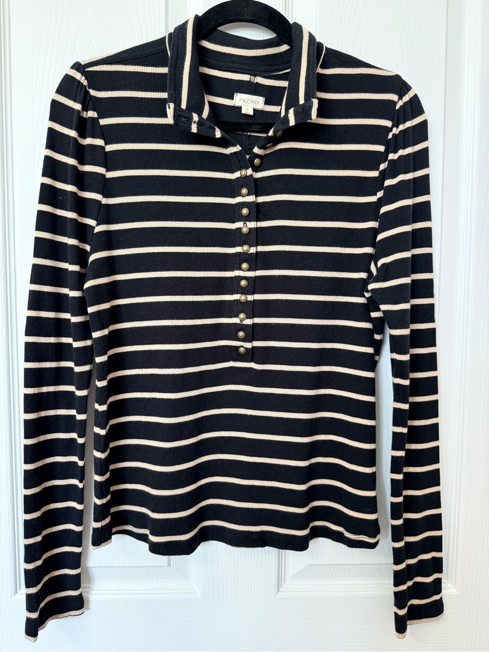 Pilcro Black and Cream Striped Long-Sleeve Polo Shirt